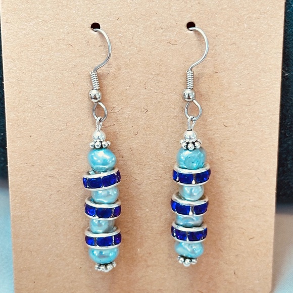 Stainless Steel Genuine Freshwater Light Blue Pearls 4ea w/Purples Crystals - Picture 2 of 6